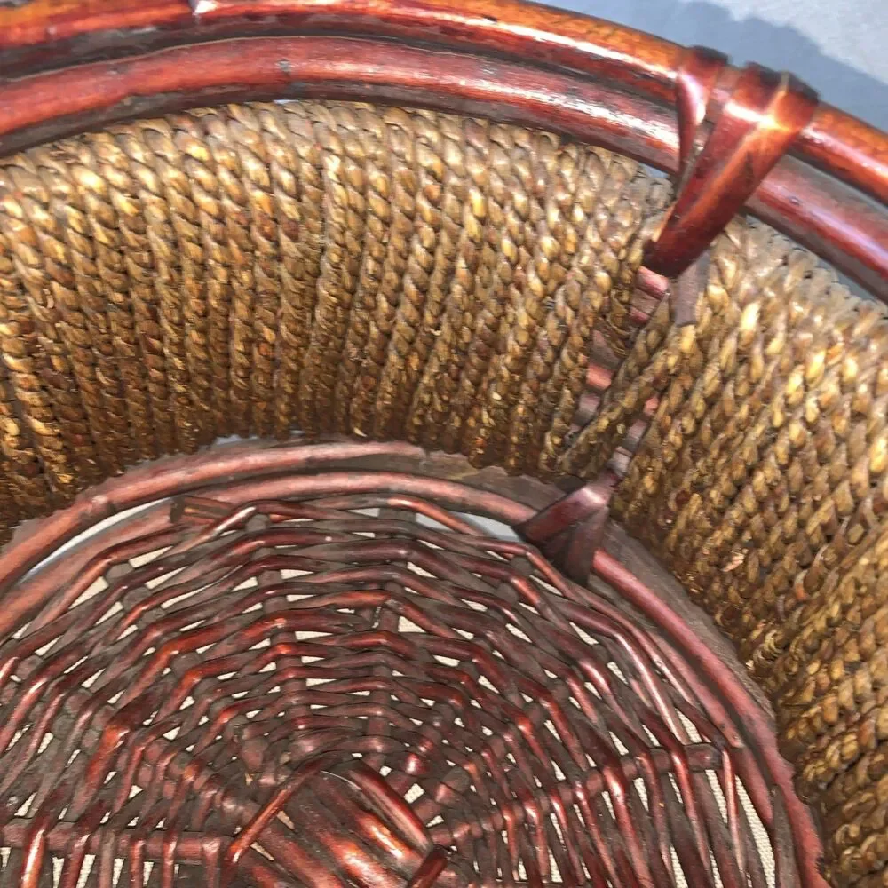 Woven Wicker  & Jute Rope Basket Round w/ Handle 10”D x 12”H Rustic Country Farm